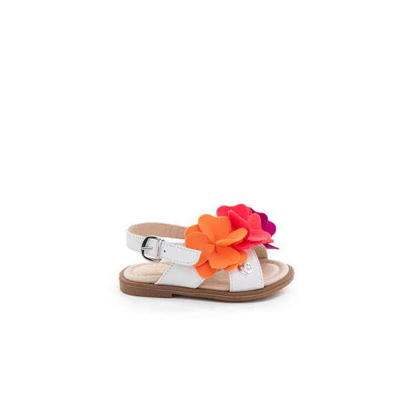 Sandalo in pelle bianco con l’applicazione di fiori colorati. Cinturino con fibbia. Artigianale e Made in Italy. 