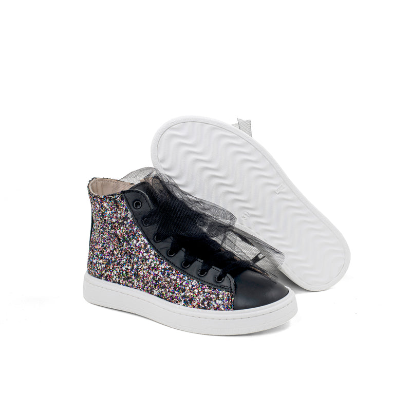 Florens - Sneaker alta in pelle con glitter multicolor e lacci neri in tulle.